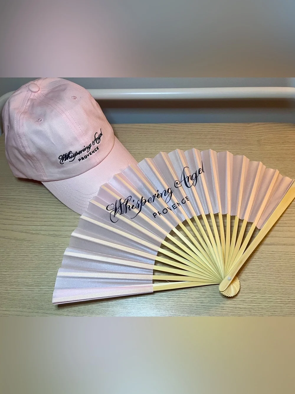 Whispering Angel Rosé Soft Pink Embroidered Hat & Hand Fan Set NWOT